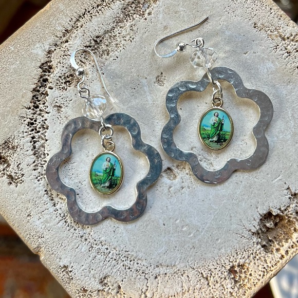 SOLD St. Jude Hammered Silver Dangle Earrings - Picture 2 of 16
